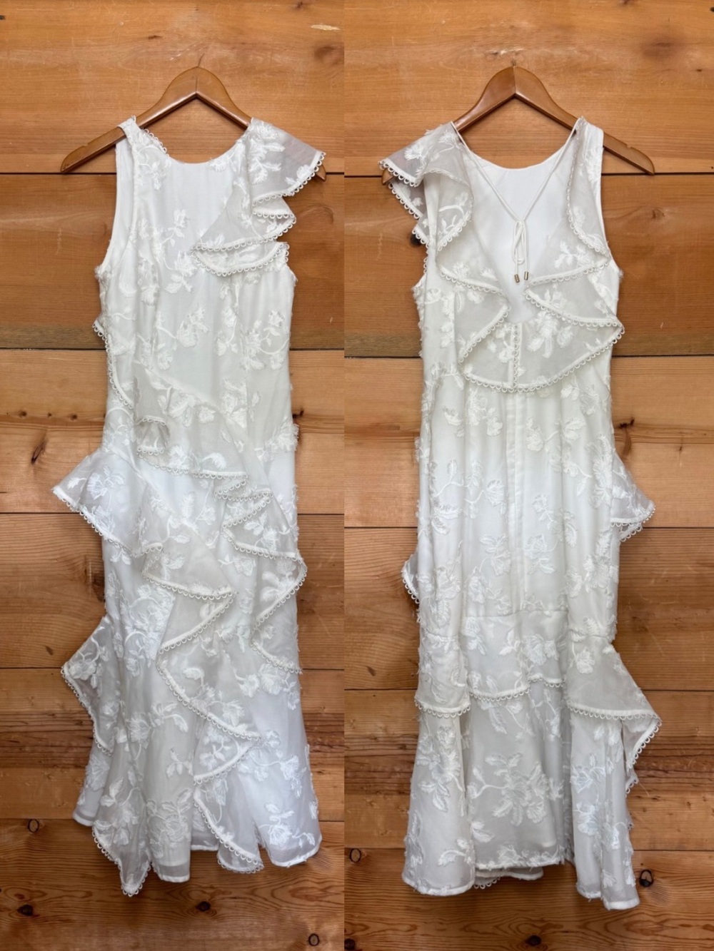 Keepsake ruffle appliqué sleeveless open low back maxi dress gown